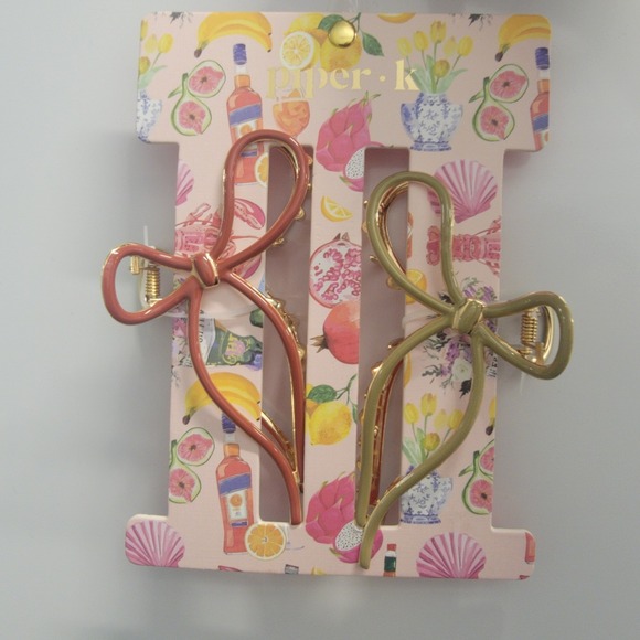 Piper Accessories - Piper K Metal Bow Ribbon Claw Clips‎ Muave Pink & Olive Sage Green Set Of 2 Gold
